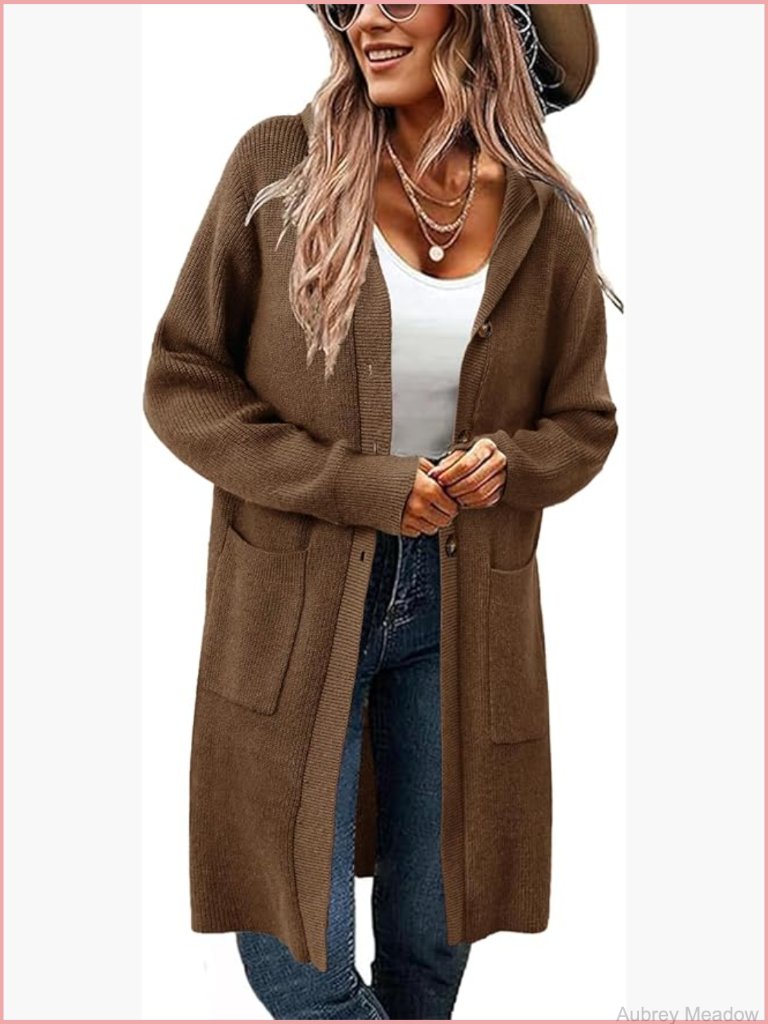 Womens Hooded Long Cardigan Open Front Knit Sweater With Pockets